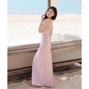 Đầm lụa satin dài hở lưng buộc dây dáng suông cao cấp đi biển dự tiệc LALIN DRESS