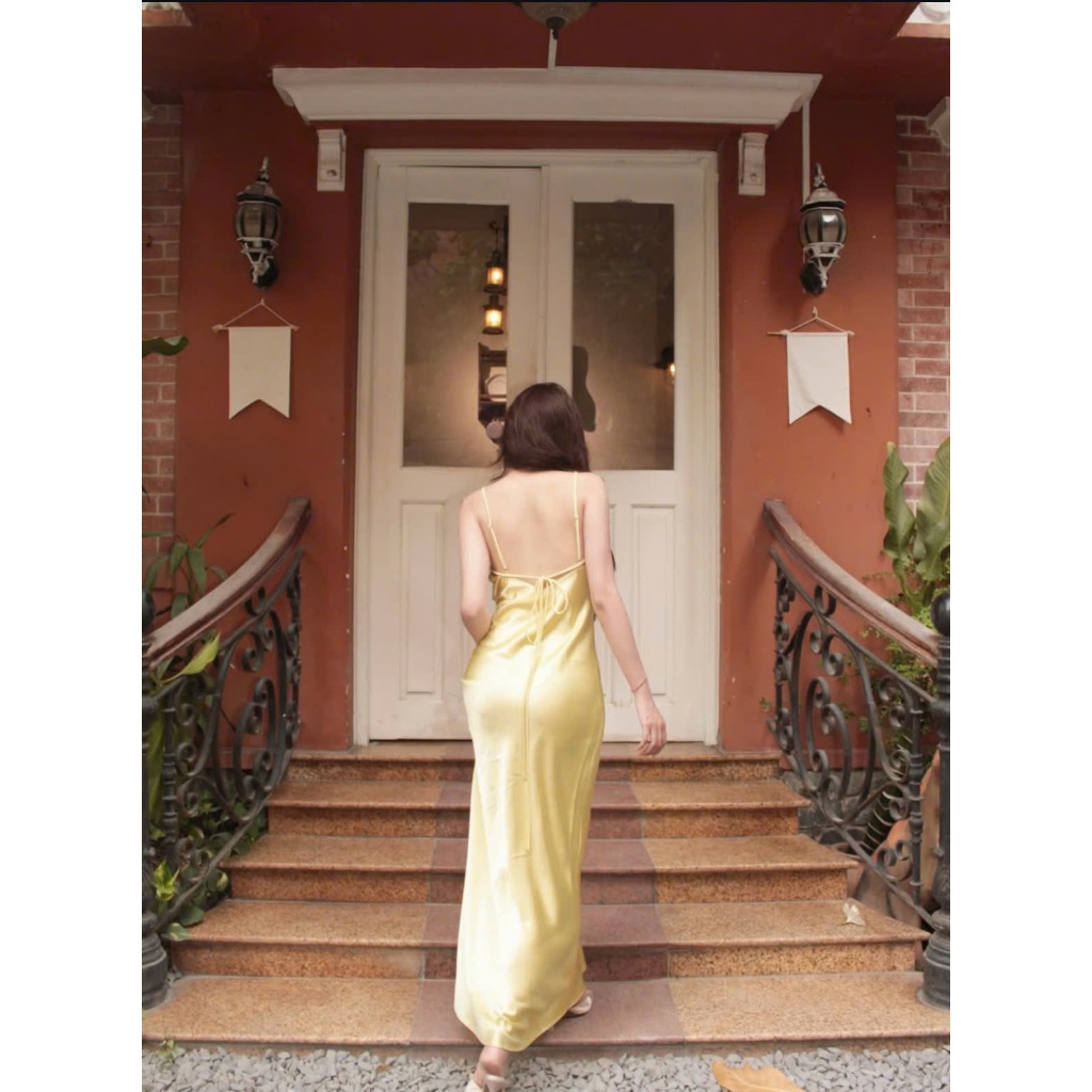 Đầm lụa satin dài hở lưng buộc dây dáng suông cao cấp đi biển dự tiệc LALIN DRESS