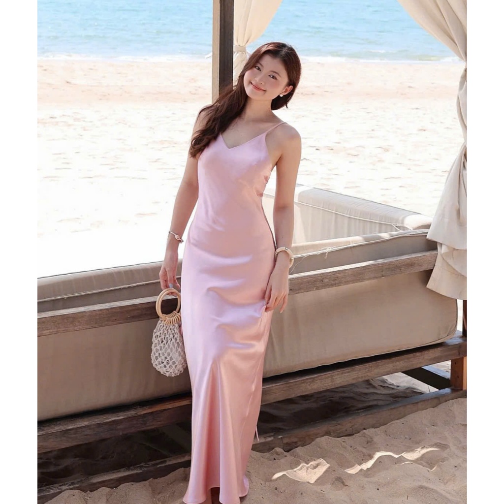 Đầm lụa satin dài hở lưng buộc dây dáng suông cao cấp đi biển dự tiệc LALIN DRESS
