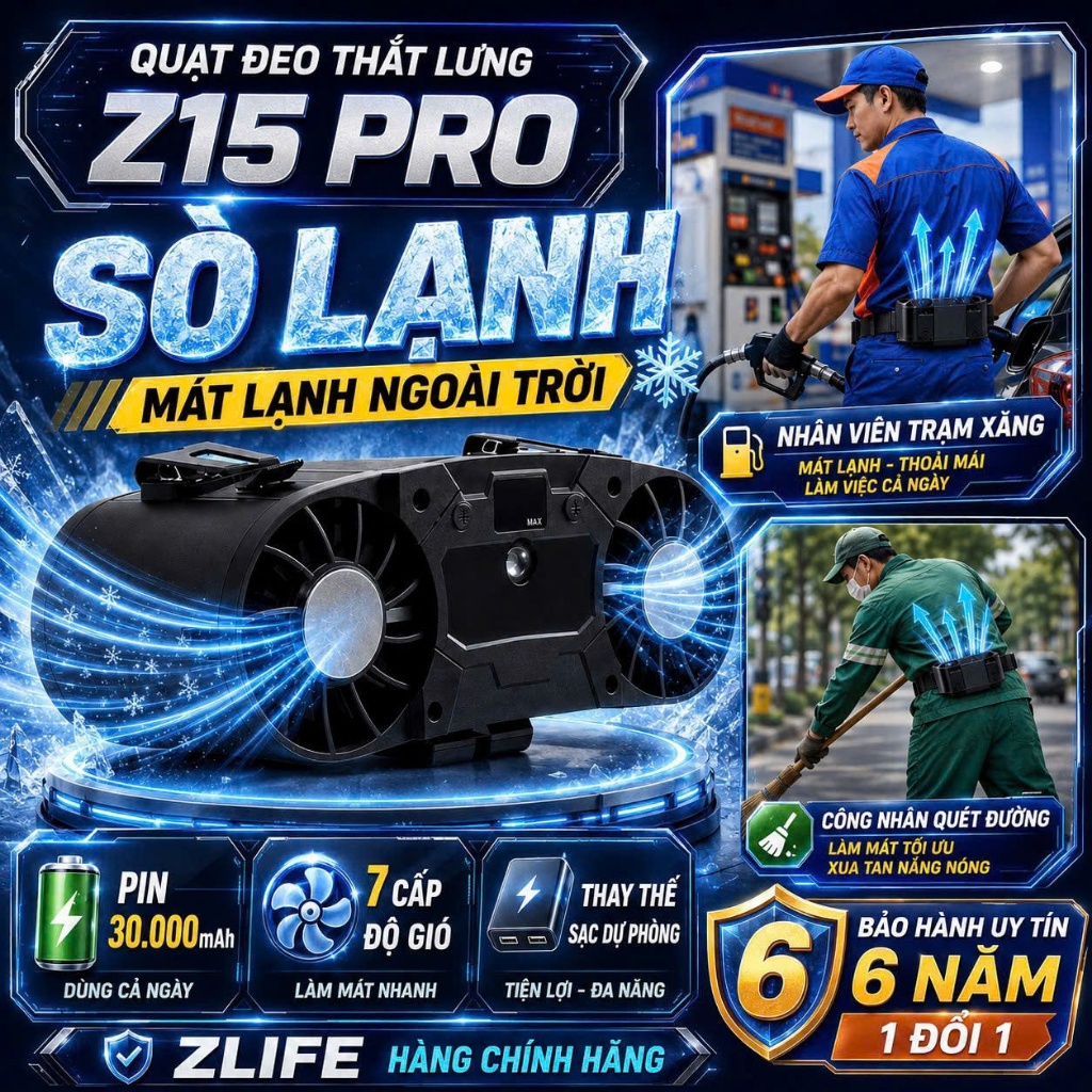 Quạt Tích Điện Điều Hoà Đeo Thắt Lưng, Đeo Cổ Chính Hãng Zlife Z15 Pro có Sò Lạnh, Pin Trâu 30000mAh
