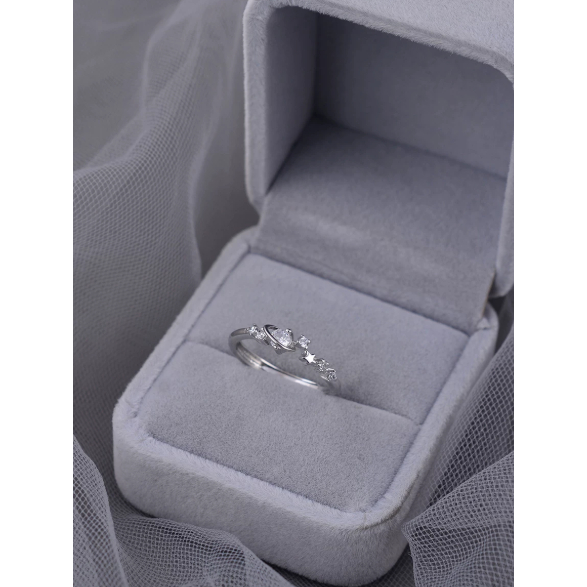 Nhẫn Nữ Mạ Bạc Celestial Heart Đính Đá Zircon Cao Cấp - Trái Tim Ngôi Sao Điều Chỉnh Size