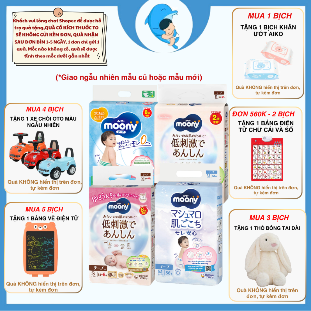 Tã/Bỉm Moony dịu nhẹ quần, dán đủ sizeNB60/S54/M46/L38/L36/XL32 cho bé 0-22kg MECAHEO