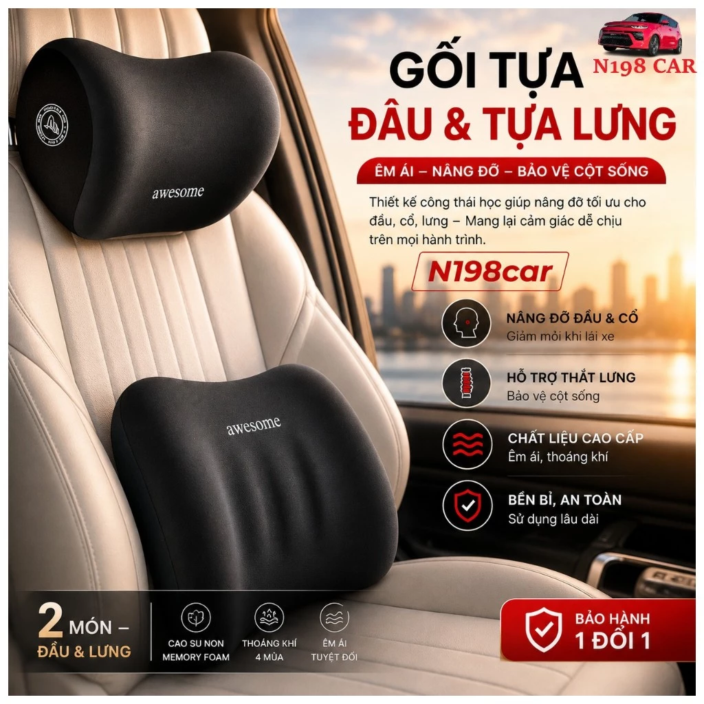Gối Đầu Tựa Lưng Lõi Cao Su Non, Vải Co Dãn Thoáng Khí, Lái Xe Thỏa Mái, Thư Giãn Cổ Vai Gáy N198car