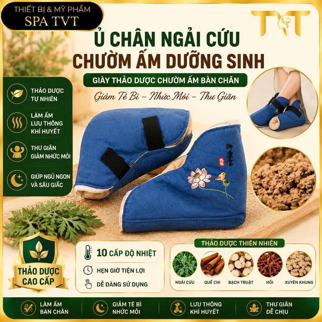 GIÀY THẢO DƯỢC CHƯỜM NÓNG BÀN CHÂN, TÚI Ủ ẤM CHÂN NGẢI CỨU, GIỮ ẤM THƯ GIÃN DƯỠNG SINH