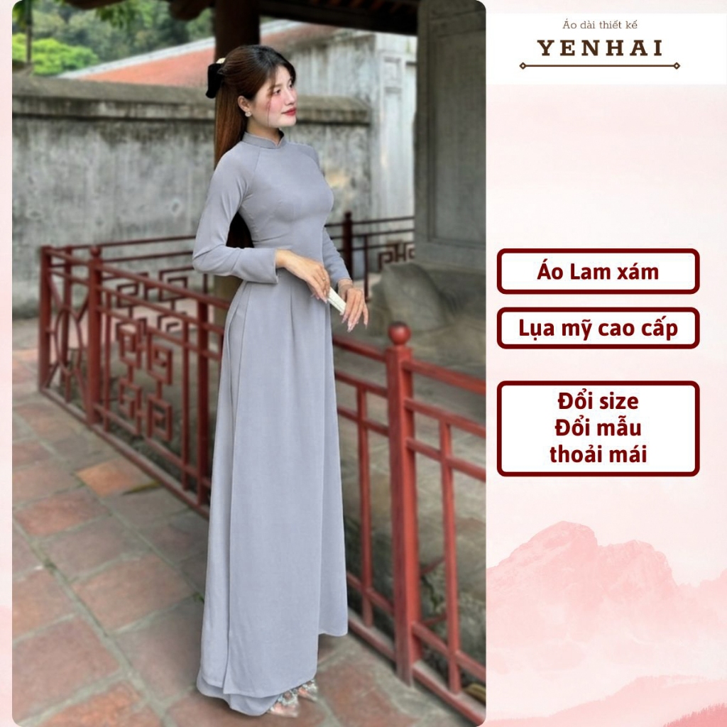 Áo dài màu lam xám đi lễ chùa đẹp thiết kế cổ cao 1 lớp 2 tà chất lụa mỹ co giãn