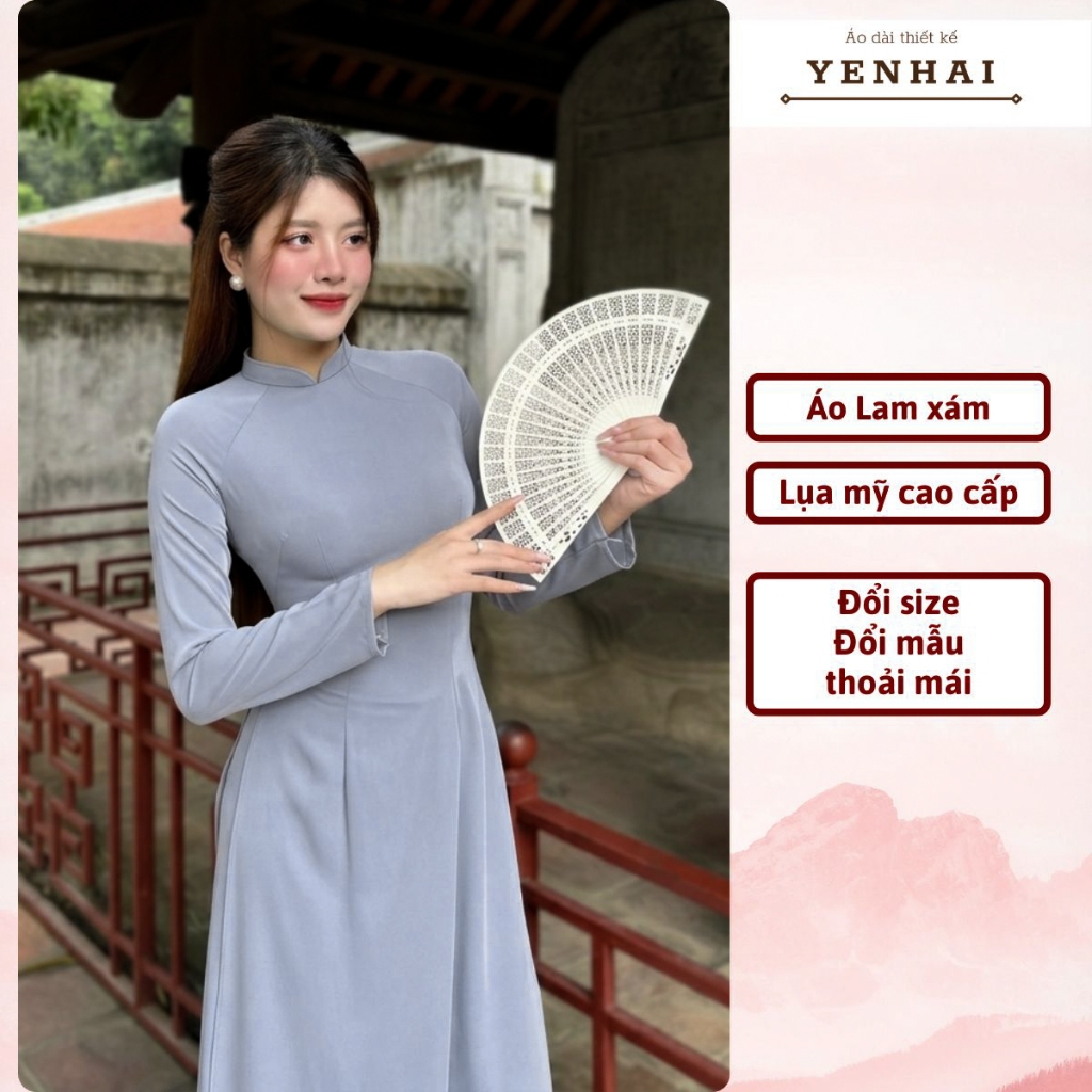 Áo dài màu lam xám đi lễ chùa đẹp thiết kế cổ cao 1 lớp 2 tà chất lụa mỹ co giãn