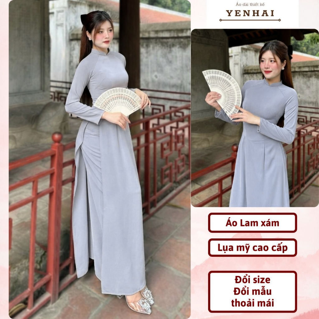 Áo dài màu lam xám đi lễ chùa đẹp thiết kế cổ cao 1 lớp 2 tà chất lụa mỹ co giãn