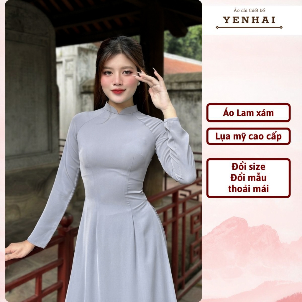 Áo dài màu lam xám đi lễ chùa đẹp thiết kế cổ cao 1 lớp 2 tà chất lụa mỹ co giãn