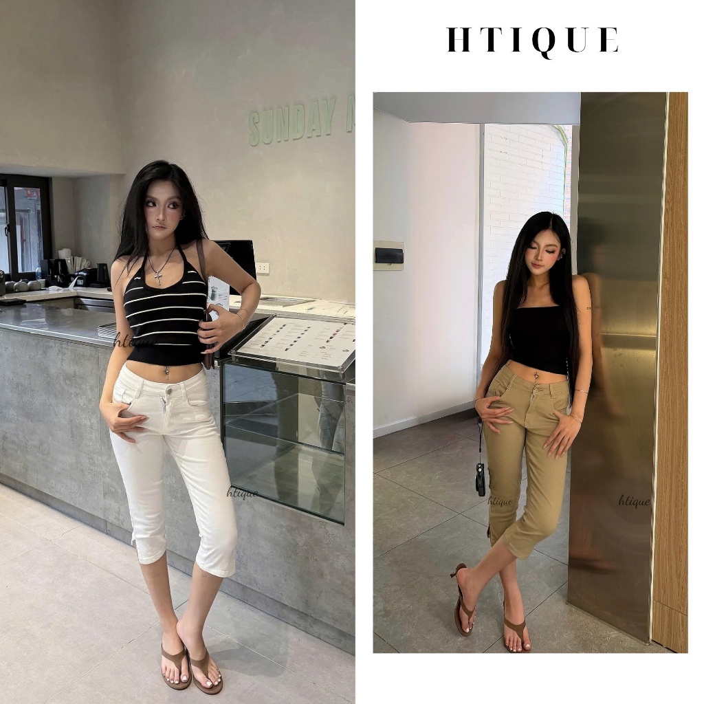 HTIQUE -  BST Quần jeans ngố hai màu xẻ gấu điểm nhấn, Quần jean denim cá tính tôn dáng QB29