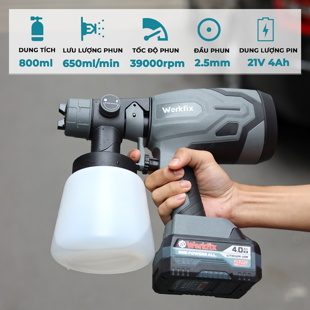 Máy phun sơn pin WORKFIX WF-SPS800X, 2 Kiểu phun, Bình 800ml - 650ml/phút