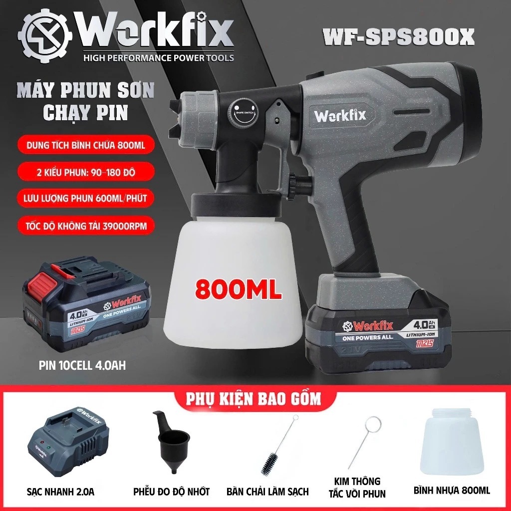 Máy phun sơn pin WORKFIX WF-SPS800X, 2 Kiểu phun, Bình 800ml - 650ml/phút