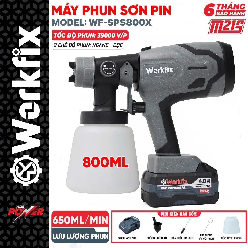 Máy phun sơn pin WORKFIX WF-SPS800X, 2 Kiểu phun, Bình 800ml - 650ml/phút