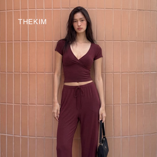 [ DEAL MỞ BÁN ] THEKIM SET LẺ Áo tay ngắn cổ V nhún ngực và quần dài ống suông phối dây rút CS398363