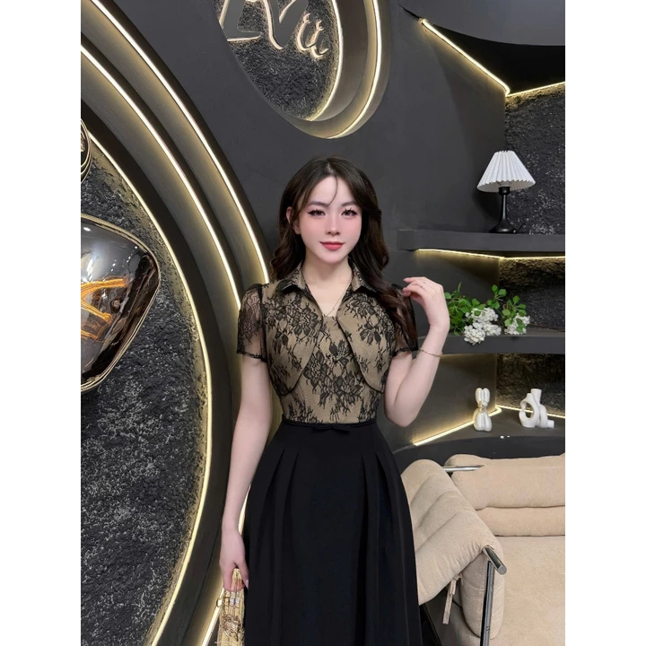 TY280 - Váy Thiết Kế Evii dành cho nữ, Đầm thiết kế liền thân cổ đức phối ren hoa, đai nơ may liền dáng A xòe dài