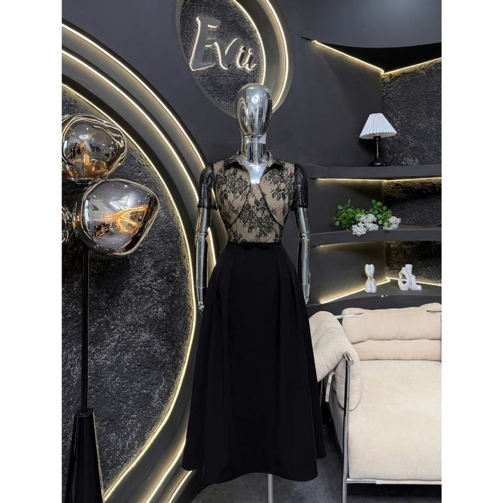 TY280 - Váy Thiết Kế Evii dành cho nữ, Đầm thiết kế liền thân cổ đức phối ren hoa, đai nơ may liền dáng A xòe dài