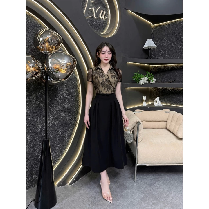 TY280 - Váy Thiết Kế Evii dành cho nữ, Đầm thiết kế liền thân cổ đức phối ren hoa, đai nơ may liền dáng A xòe dài