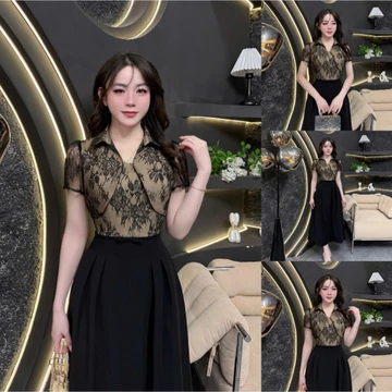 TY280 - Váy Thiết Kế Evii dành cho nữ, Đầm thiết kế liền thân cổ đức phối ren hoa, đai nơ may liền dáng A xòe dài