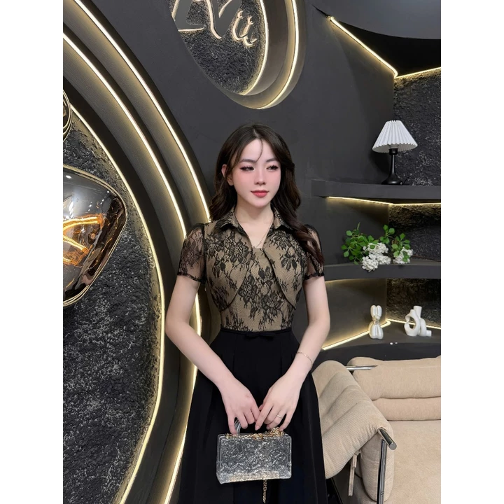TY280 - Váy Thiết Kế Evii dành cho nữ, Đầm thiết kế liền thân cổ đức phối ren hoa, đai nơ may liền dáng A xòe dài