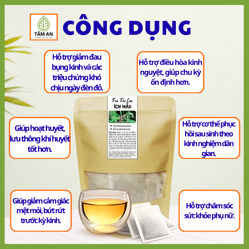 Trà Ích Mẫu Túi Lọc, Đậm Vị Thơm Ngon, Dễ Uống, Tâm An 30 Lọc