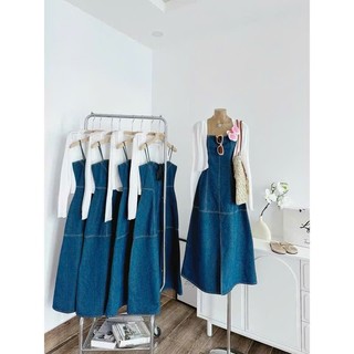 Đầm jean dài 2 dây chiết eo | váy denim Hàn Quốc che bụng hack dáng