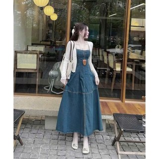 Đầm jean dài 2 dây chiết eo | váy denim Hàn Quốc che bụng hack dáng