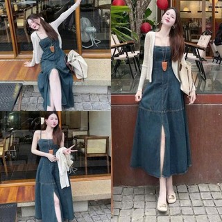 Đầm jean dài 2 dây chiết eo | váy denim Hàn Quốc che bụng hack dáng