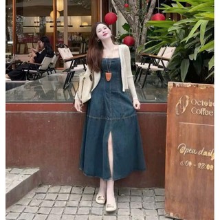 Đầm jean dài 2 dây chiết eo | váy denim Hàn Quốc che bụng hack dáng