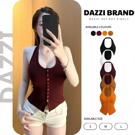 Áo Cổ Yếm Phối Nút Ôm Body Siêu Tôn Dáng Chất Cotton Mịn
