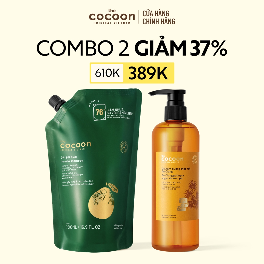 [MUA 2 GIẢM 36%] Combo Túi Refill Dầu gội bưởi 500ml & Gel tắm đường thốt nốt An Giang 500ml