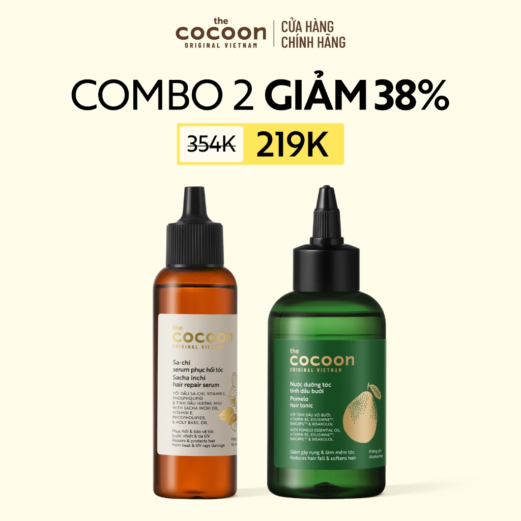 [MUA 2 GIẢM 35%] Combo 1 Nước dưỡng tóc tinh dầu bưởi Cocoon 140ml + 1 Sa-chi Serum phục hồi tóc Cocoon 70ml