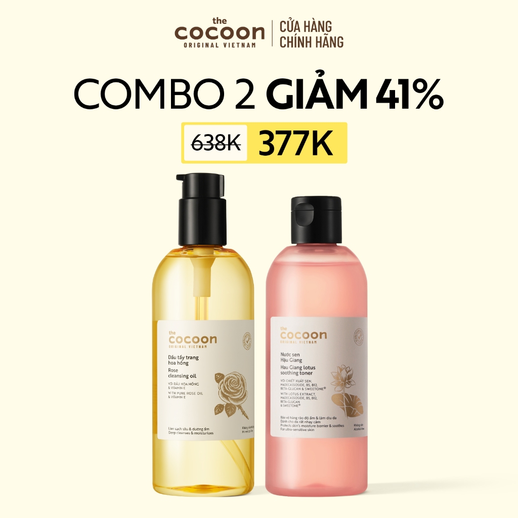 [MUA 2 GIẢM 41%] Combo 1 Dầu tẩy trang Hoa Hồng 310ml+ 1 Nước Sen Hậu Giang Cocoon 310ml