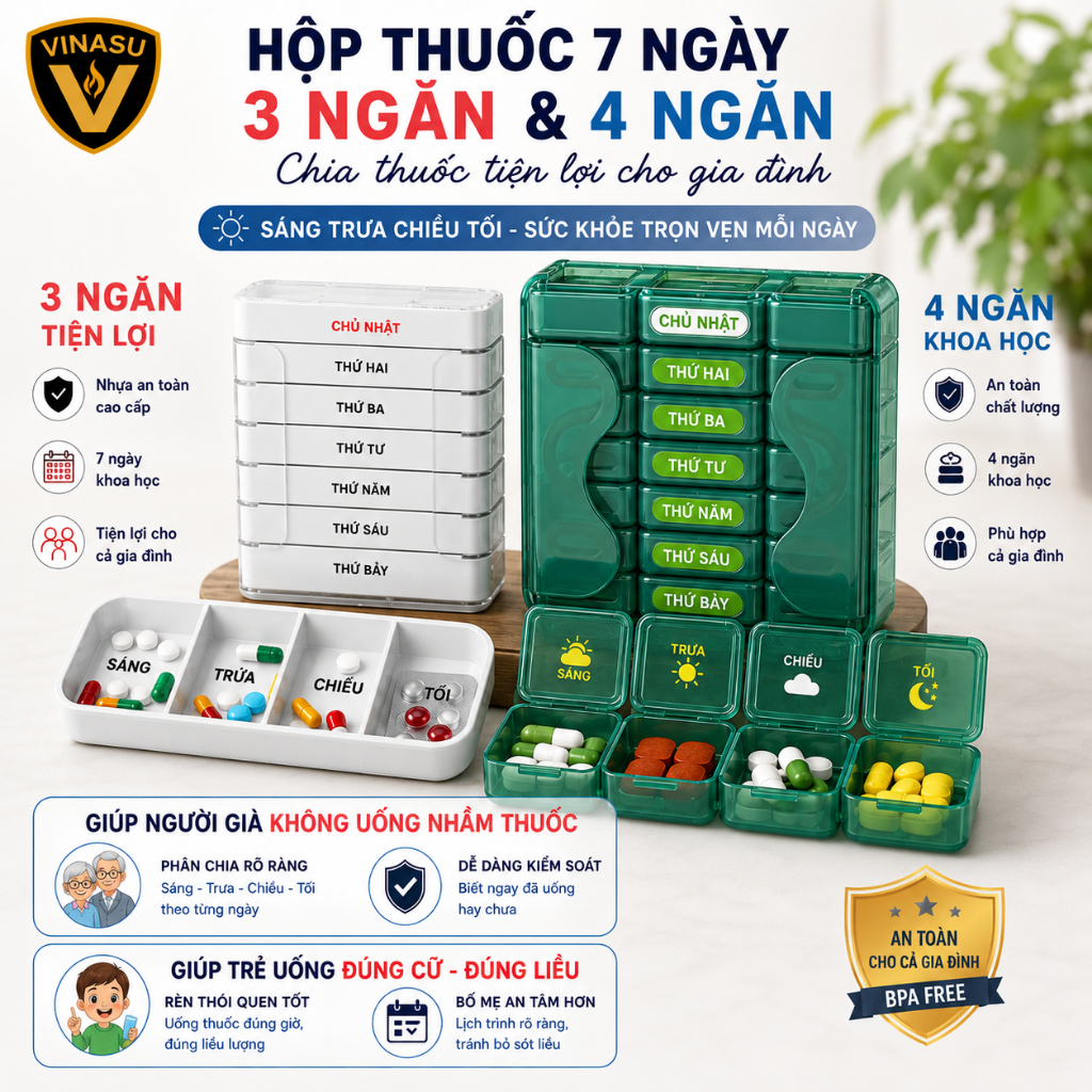 [CAO CẤP] Hộp Chia Thuốc 7 Ngày Tiện Lợi 4 Ngăn Sáng Trưa Chiều Tối Phiên Bản Tiếng Việt Hàng Cao Cấp