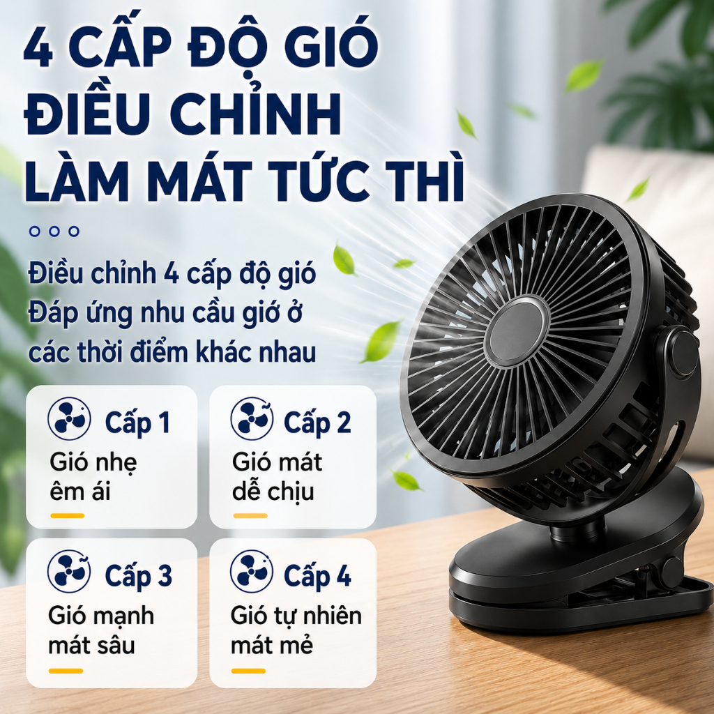 Quạt mini kẹp treo đa năng 3 trong 1|Xoay 720°|4 cấp gió|pin lithium dung lượng lớn|sạc Type-C|<25dB|Bảo hành 6 tháng
