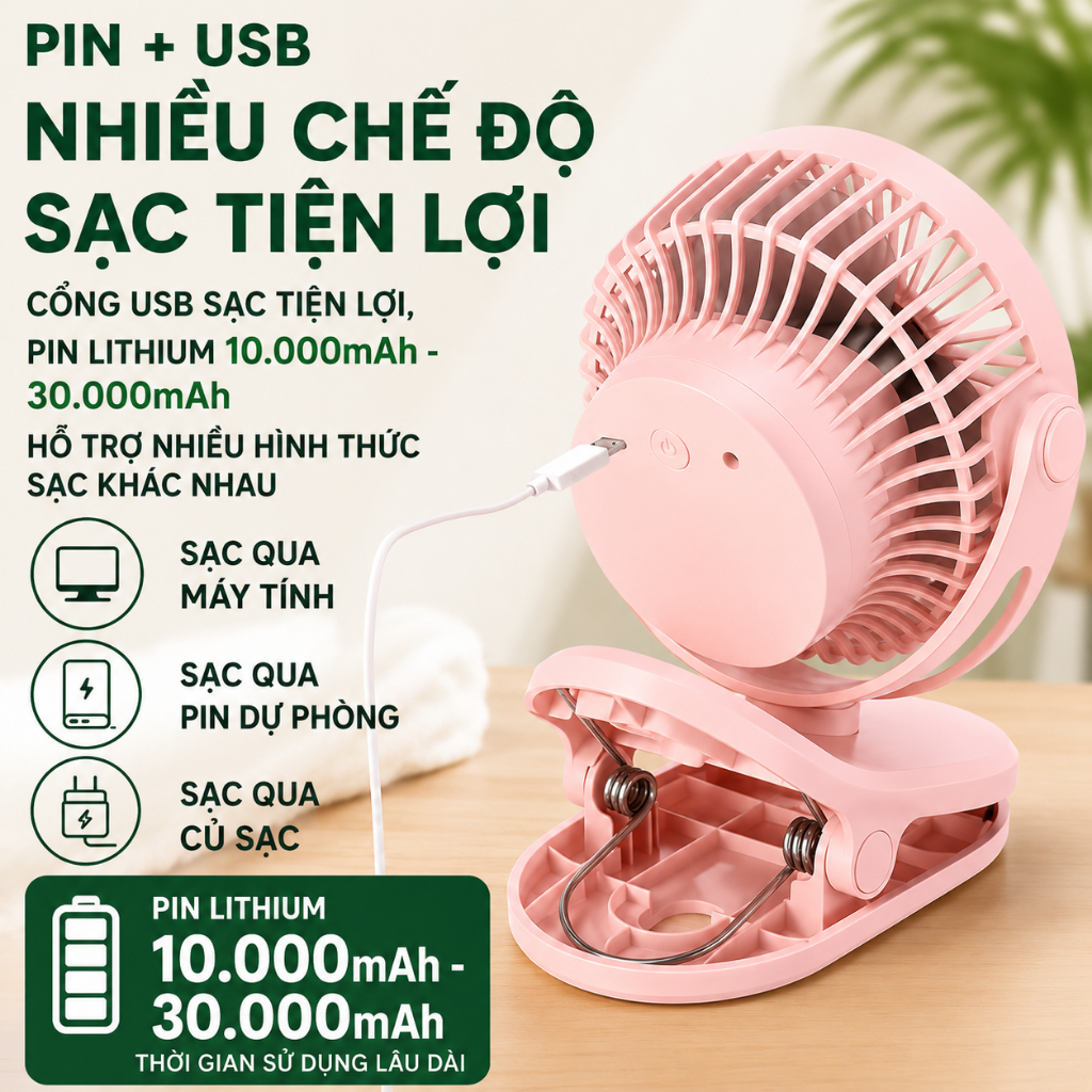 Quạt mini kẹp treo đa năng 3 trong 1|Xoay 720°|4 cấp gió|pin lithium dung lượng lớn|sạc Type-C|<25dB|Bảo hành 6 tháng