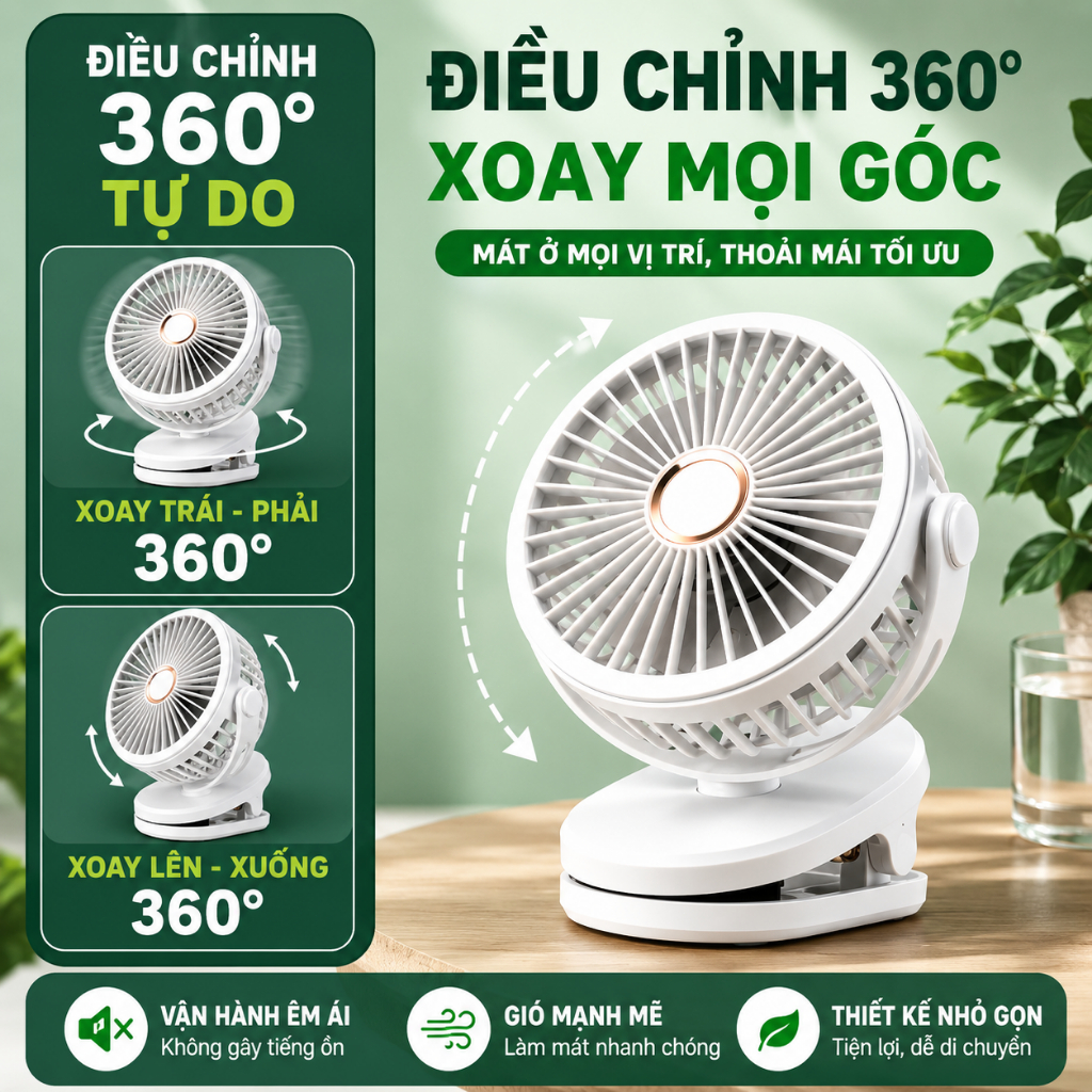 Quạt mini kẹp treo đa năng 3 trong 1|Xoay 720°|4 cấp gió|pin lithium dung lượng lớn|sạc Type-C|<25dB|Bảo hành 6 tháng