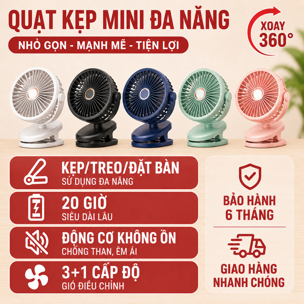 Quạt mini kẹp treo đa năng 3 trong 1|Xoay 720°|4 cấp gió|pin lithium dung lượng lớn|sạc Type-C|<25dB|Bảo hành 6 tháng