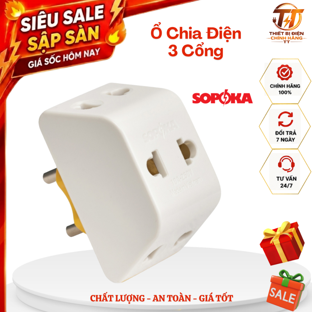 Ổ chia điện, ổ cắm điện gia dụng 3 cổng 2200W chịu tải cao chống cháy an toàn