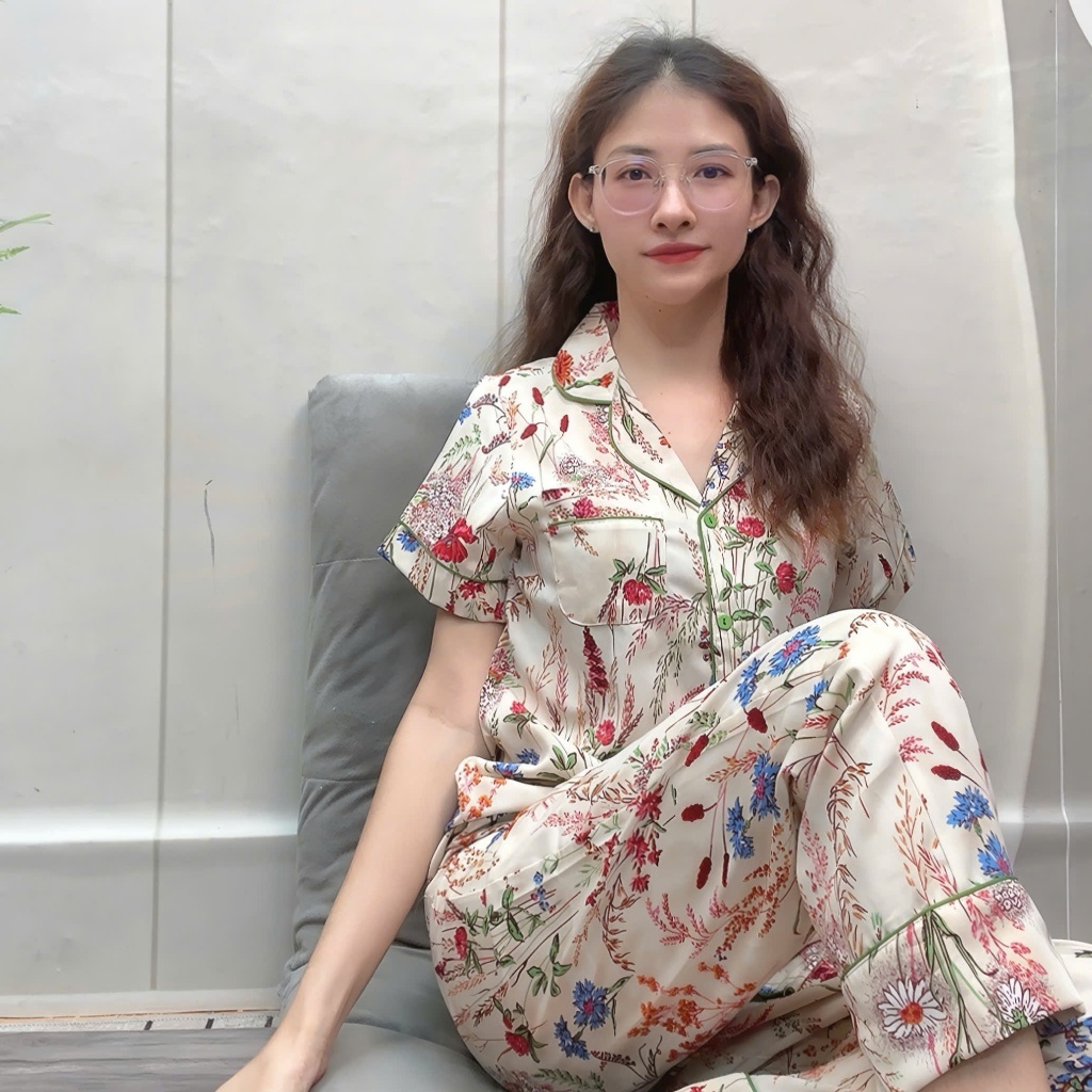 Đồ Bộ Pyjama Viền Lé Tay Ngắn Quần Dài Lụa Mango Size từ 48 đến 78kg