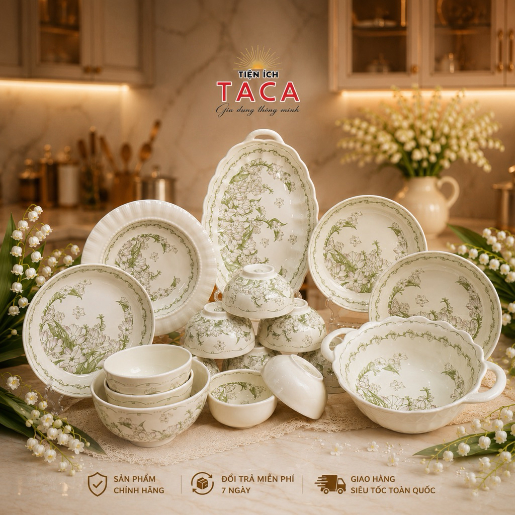 (Sứ Cao Cấp) Bộ Bát Đĩa Họa Tiết Hoa Linh Lan Mới Sứ Bát Đĩa Ăn Cơm Đẹp
