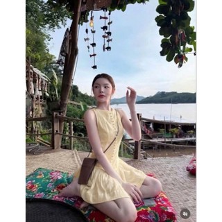 Đầm nữ vàng bơ cổ tròn chiết eo tôn dáng | váy babydoll tiểu thư Hàn Quốc đi biển cực xinh
