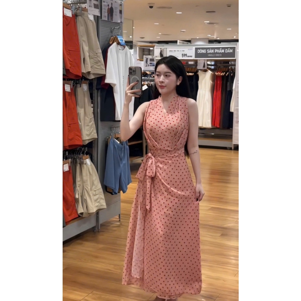 ZIMM STORE-Váy maxi sát nách cổ chữ v khoét sâu phối nơ eo họa tiết chấm bi