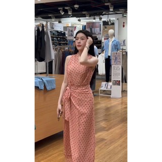 Váy voan sát nách cổ chữ v khoét sâu dáng dài họa tiết chấm bi phong cách vintage
