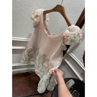 Đầm babydoll cổ rộng tay phồng ngắn đính hoa chất voan lưới