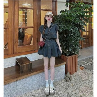 Set Jean Nữ Cá Tính 2 Món Cao Cấp | Áo Denim Tay Cánh Dơi + Chân Váy Xếp Ly Chữ A Cạp Cao Tôn Dáng