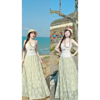 Đầm Maxi Hoa Nổi Vintage Nữ Cao Cấp | Váy Dài Đi Biển Boho Hàn Quốc 2 Dây Tôn Dáng Tiểu Thư Dịu Dàng