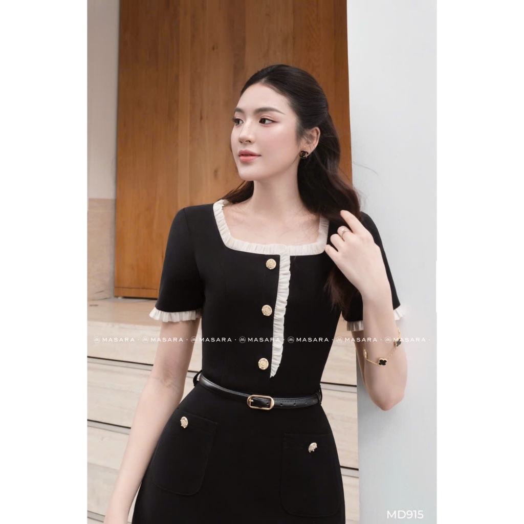 Đầm ngắn Masara cổ vuông phối viền bèo kèm thắt lưng da phong cách công sở thanh lịch MD915