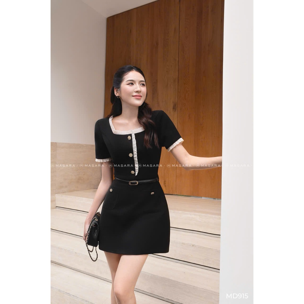 Đầm ngắn Masara cổ vuông phối viền bèo kèm thắt lưng da phong cách công sở thanh lịch MD915
