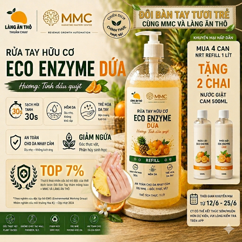 Nước rửa tay SIÊU MỀM KHÔNG DƯ LƯỢNG GIẢM MỤN LƯNG sinh học/hữu cơ từ dứa lên men Fuwa3e/ Làng ăn thô đủ size