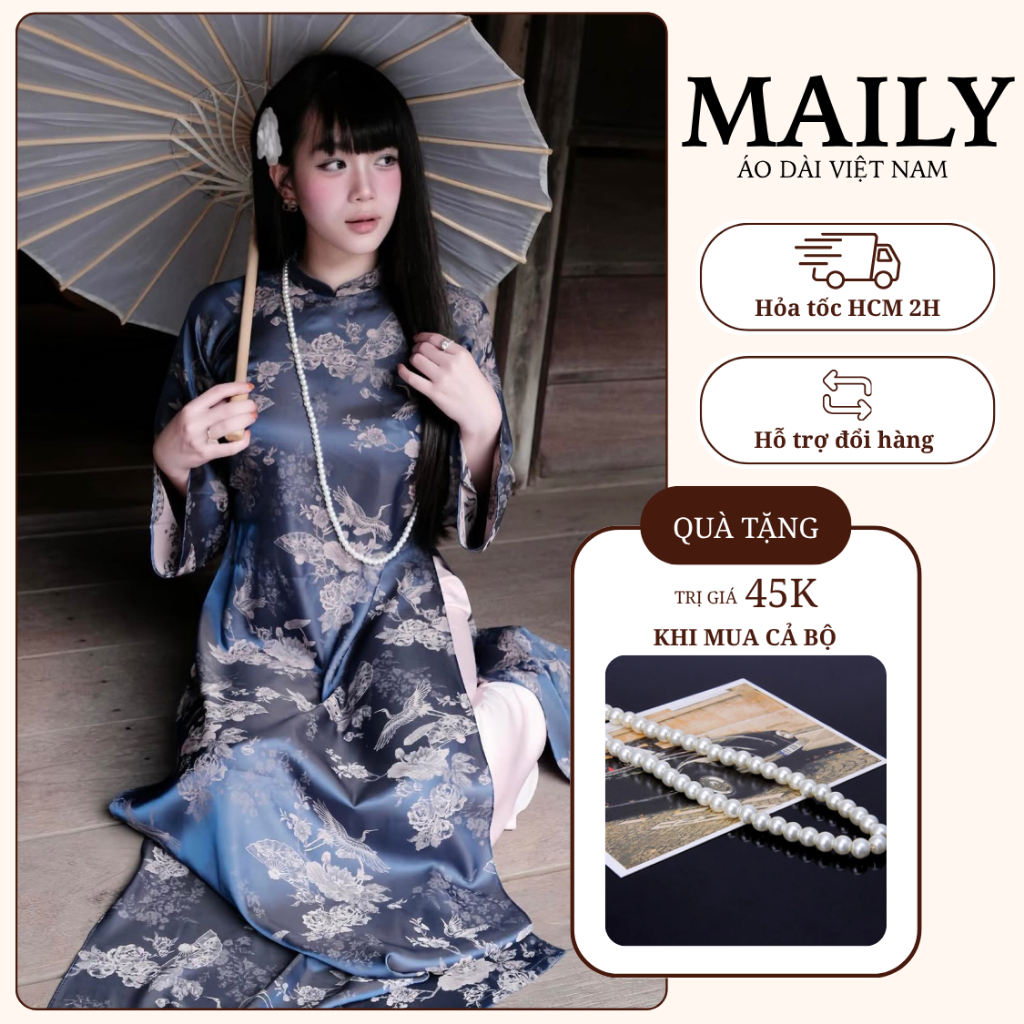 Áo Dài Cách Tân Lạc Vân Thiết Kế Trang Trọng Cổ Cao Tay Dài Loe  - ÁO DÀI MAILY