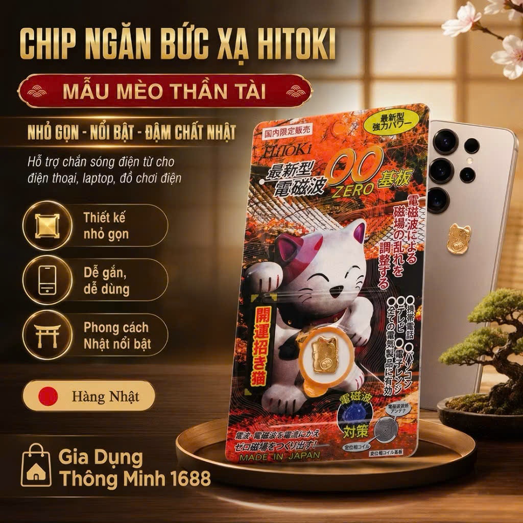 MIẾNG DÁN CHIP CHỐNG BỨC XẠ ĐIỆN TỪ NHẬT BẢN HITOKI HÌNH MÈO THẦN TÀI , NGĂN BỨC XẠ ĐIỆN THOẠI